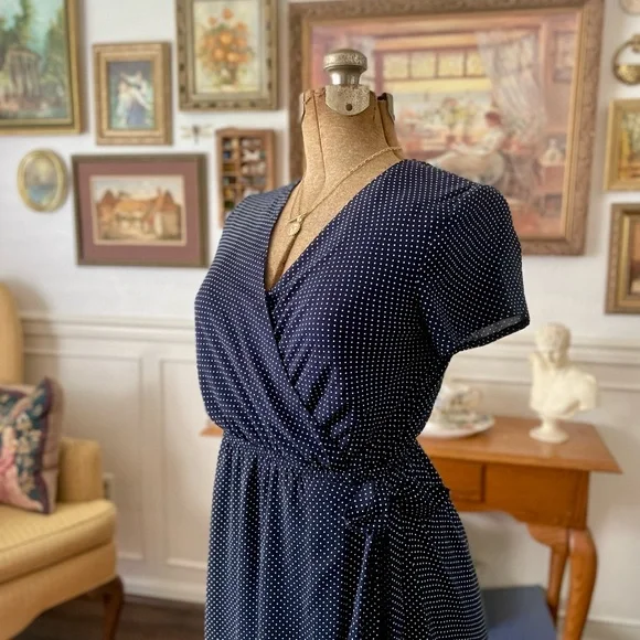 princess polly baby blue dress Buy Navy/White Polka Dot 100% Linen Wrap Midi Dress from Next Luxembourg main image 0